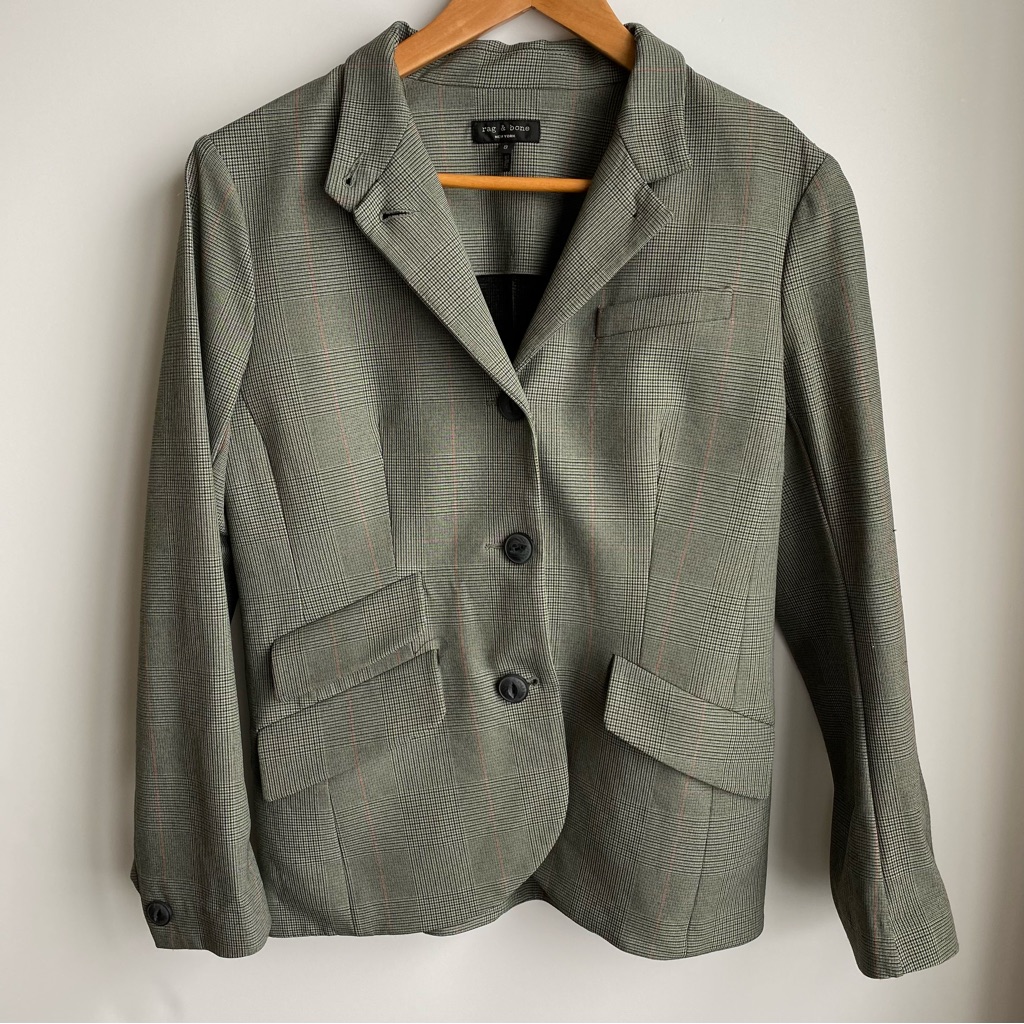 Rag & Bone Slade Single Breasted Viscose Blend Plaid Blazer Gray Green Black Red